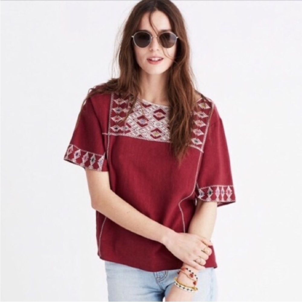 Madewell Embroidered Blouse Burgundy Red Aztec Southwest Geometric Blouse Shirt